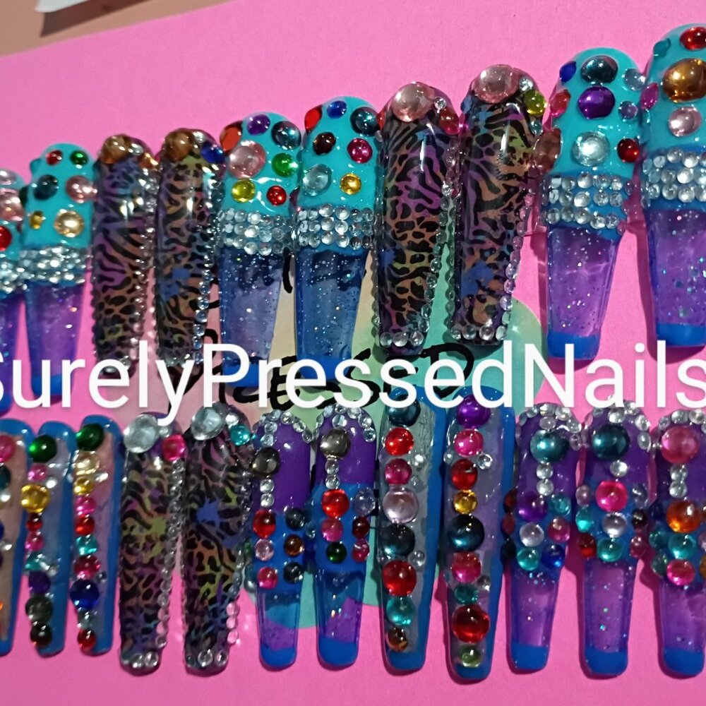 Blue, Rhinestones, shimmer Glitter Aniamal print Design 2xl Press on Nails